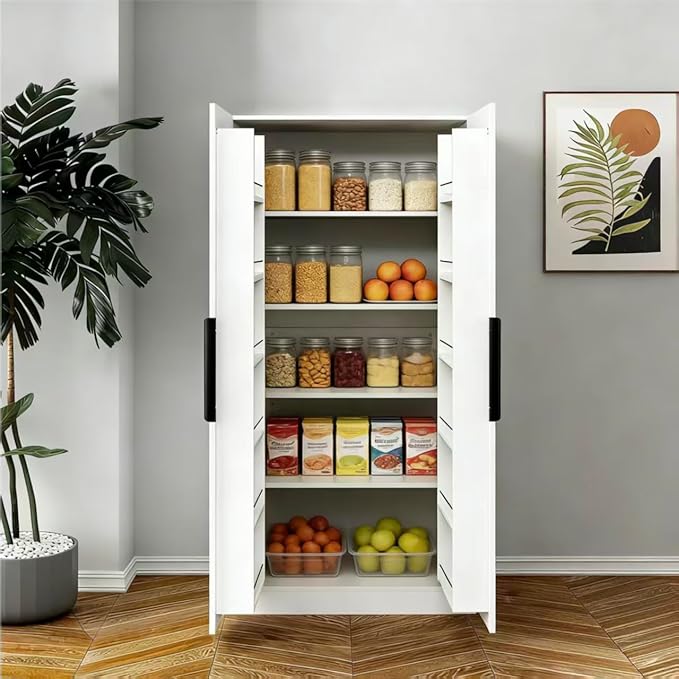Tall Freestanding Pantry Cabinet for Kitchen, White Storage with Doors & Shelves, 31.5" Wide Organizer for Dining & Living Room
