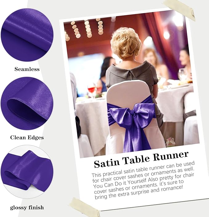 Yblut 10 Pack Satin Table Runner 12 x 108 Inch Long Purple Silk Table Runner for Wedding Party Banquet Birthday Decoration