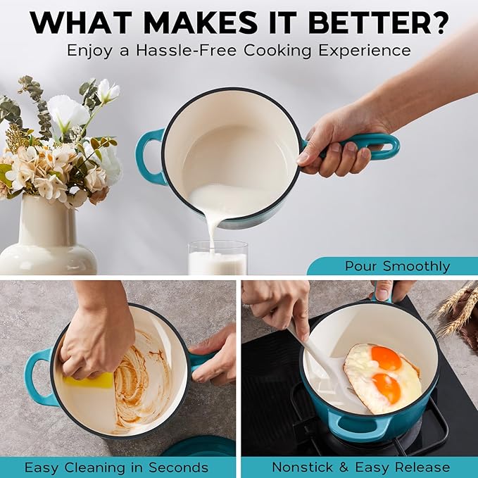 Onader 1QT Saucepan with Lid, Enameled Cast Iron Sauce Pan, Small Cast Iron Pot for Cooking, Enameled Dutch Oven Nonstick & Heavy Duty ??Dark Cyan