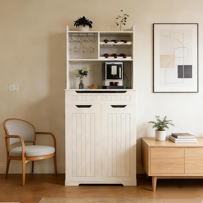 70" Tall Kitchen Pantry Cabinet with Charging Station & Drawer,Farmhouse Modern Wood Small Storage Cabinets w/Wide Tabletop,Wine Rack & 6 Door Shelves,for Small Kitchen,Living & Dining Room,White