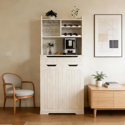 70" Tall Kitchen Pantry Cabinet with Charging Station & Drawer,Farmhouse Modern Wood Small Storage Cabinets w/Wide Tabletop,Wine Rack & 6 Door Shelves,for Small Kitchen,Living & Dining Room,White