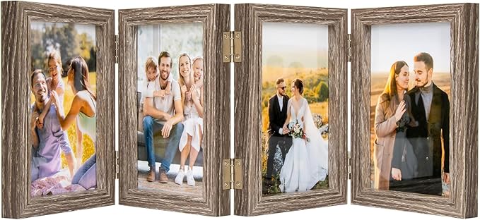 4x6 Four Picture Frame 4 Hinged Photo Frame with 4 Openings, Natural Wood Foldable Photo Frame with High Definition Acrylic for Birthday Father's Day Christmas Gift, Rustic Desk Family Picture Collage, Gray