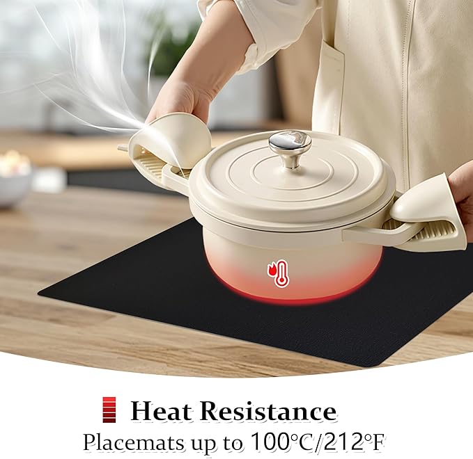 FROMHEART Faux Leather Placemats Set of 6?밯aterproof,Heat/Oil Stain-Resistant PU Table Mat?밨eversible,Non-Slip,Easy to Clean Place Mats for Kitchen,Dining,Indoor/Outdoor,(Black,11.8" x 17")