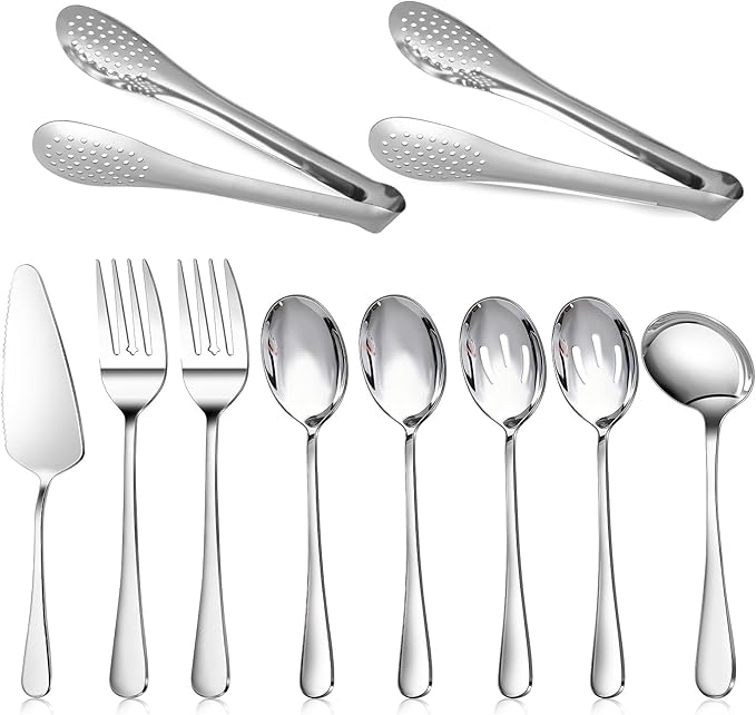 Dualshine 10PCS 18/8 Stainless Steel Serving Utensils Set for Parties, Kitchen Serving Tools-Include Serving Spoons, Slotted Spoons, Serving Forks Tongs Soup Ladle, Cake Pie Server for Buffet, Wedding