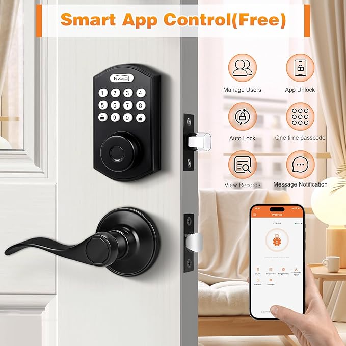 Probrico Keypad Door Lock with Handle Keyless Entry Door Lock, Smart Locks for Front Door Fingerprint Deadbolt with Handle, Black Smart Deadbolt Entry Door Handle Set