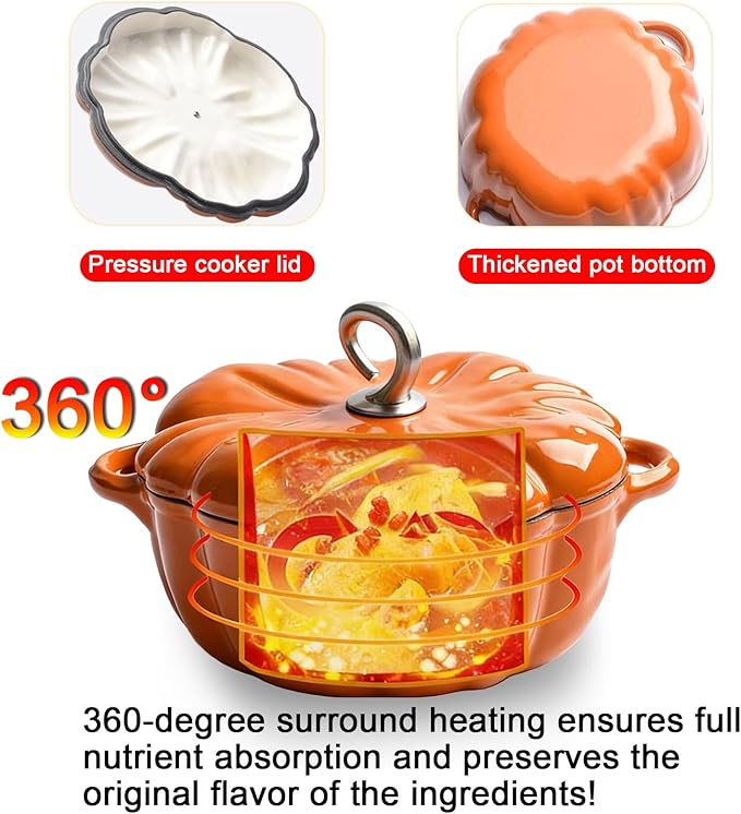 Pumpkin Enameled Cast Iron Dutch Oven with Lid - Pumpkin Shaped Soup Stew Pot, Halloween Thanksgiving Gift & Decor A