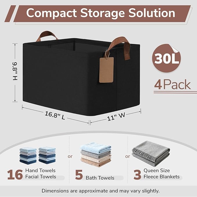 CHICVITA 4 Pack Large Storage Baskets for Shelves, Collapsible Shelf Baskets for Organizing, Fabric Closet Organizers and Storage Bins with Metal Frame, 16.8" x 11" x 9.8", Black
