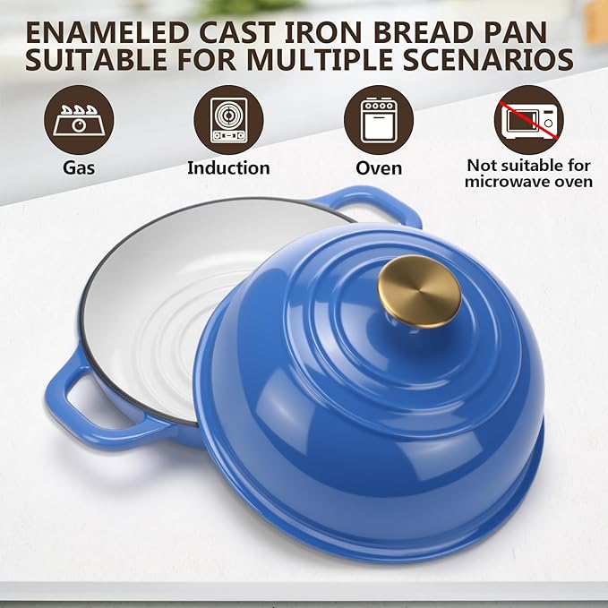 Tioncy Enameled Bread Dutch Oven with Lid for Sourdough Baking 5 Quart Round Cast Iron Dutch Oven Pot Bread Bakers for Kitchen Homemade Cookware Gifts Roasting Frying Cooking Stewing(Blue)