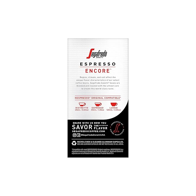 Segafredo Zanetti Espresso Capsules ??Aluminum Pods for Nespresso Original Machines ??Medium-Dark Roast Premium Espresso with a Rich Aroma ??Balanced, Intensity 10 ??Encore, 10 Count