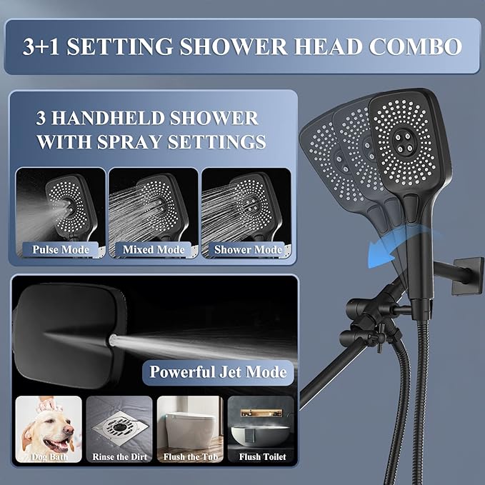 High Pressure Rain Shower Head with Handheld Spray Combo, 12 Inch Rainfall Shower Heads with Adjustable Extention Arm, Wide Dual Waterfall Showerhead with 3-Way Diverter(Matte Black)