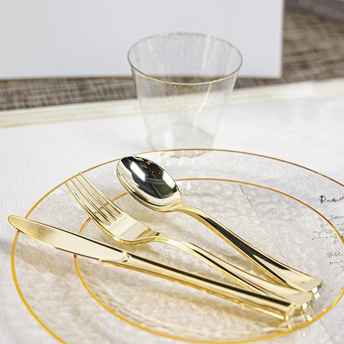 HOMIP 175 Pcs Plastic Dinnerware Set (25 Guests), Clear Party Plates Include 25 Dinner Plate, 25 Dessert Plate, 25 Cups, 25 Gold Cutlery Set And Pefect for Party and Wedding
