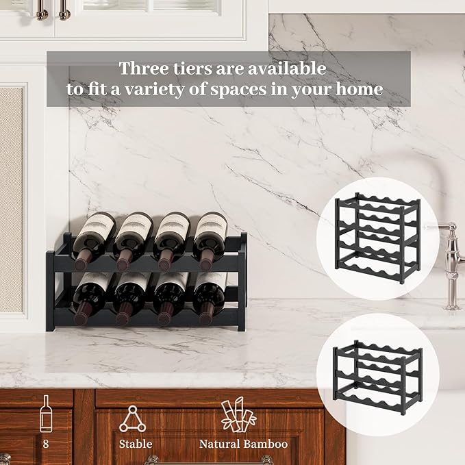 Wine Rack竊똁amboo Wine Storage Cabinet Shelf竊똂ountertop Wine Shelf- Freestanding Wine Holder for Kitchen & Pantry (Black, 2-Tier)