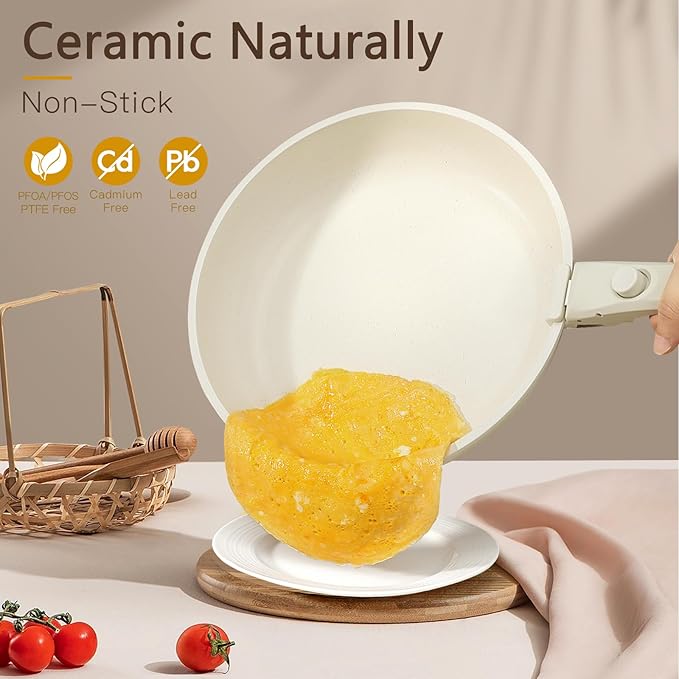 GiPP Ceramic Pots and Pans Set Non Stick, Nonstick Detachable Handle Cookware Sets, Healthy Non Toxic PFAS PFOA & PTFE Free, Dishwasher 竊냀ven Safe, Induction Kitchen Pot and Pan, 15 Piece Cream