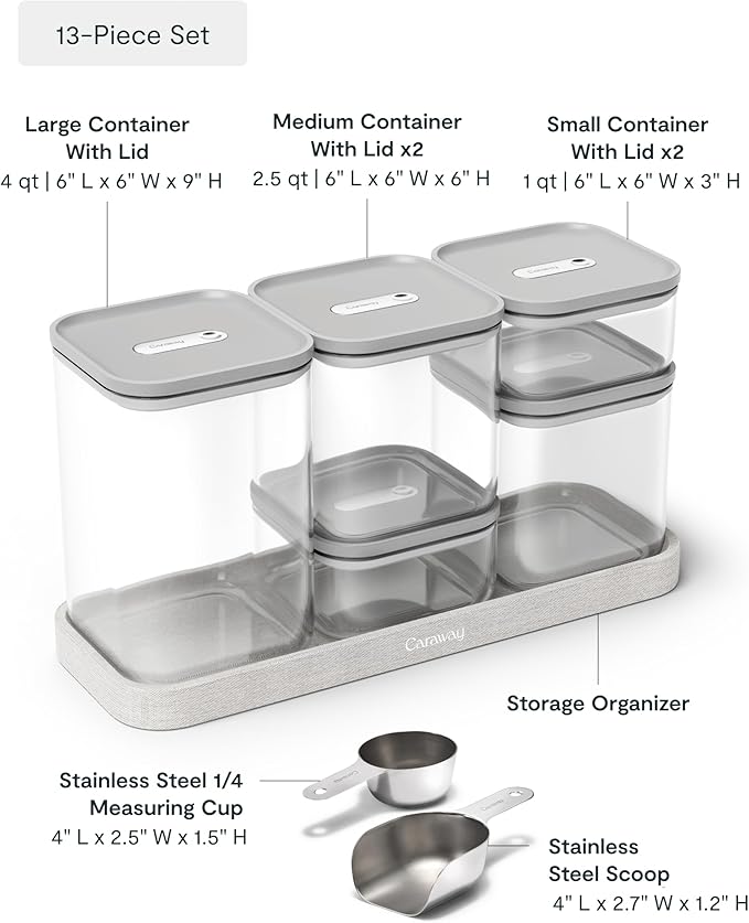 Caraway 13-Piece Glass Airtight Food Storage Containers with Lids ??Non-Toxic, BPA-Free Kitchen Storage Containers ??Stackable, Space-Saving Airtight Containers for Dry Goods and More - Gray