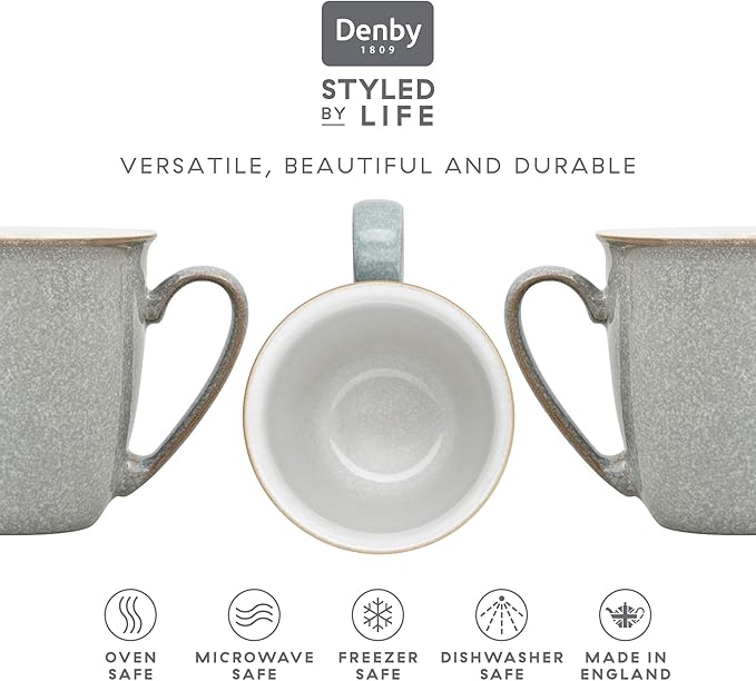Denby - Elements Light Gray Large Coffee Mug Set of 4-11.15 Ounce Stoneware Tea Mug Set For Office & Home - Dishwasher Safe, Microwave Safe - Ceramic Tea Cups
