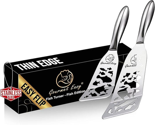Stainless Steel Fish Spatula Set ??Funky Fish Edition, 1 Large Fish Turner + 1 Small Metal Spatula, Ultra Thin Edge for Easy Turning & Flipping, Ergonomic Non-Slip Handle, Dishwasher Safe
