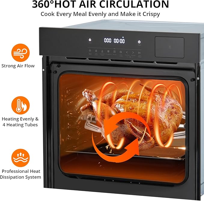 24" Built-in Single Wall Oven, 2.5 Cu.Ft (70L) Capacity - Electric Oven with Steam Bake, Air Fry & 3D Convection, Touch Controls, Timer, Safety Lock, Triple-Layer Glass Door, 3000W 240V, Silver