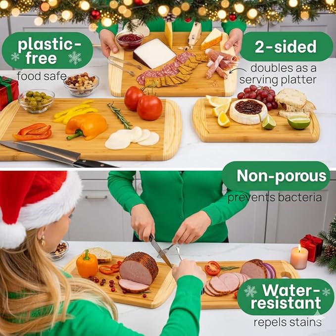 Organic Bamboo Cutting Boards for Kitchen Set of 3 with Lifetime Replacements ??Premium Extra Large Wood Chopping Boards with Juice Grooves for Carving & Serving, Non-Toxic & Durable by Greener Chef