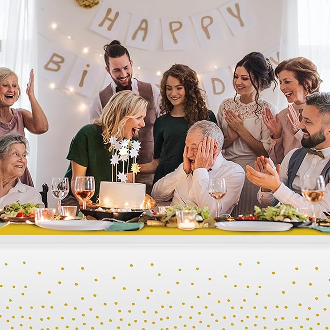 6Pcs White and Gold Tablecloth Party Decorations,Plastic White Table Cloth Printed Gold Table Runner Disposable Rectangle Table Cover for Birthday Wedding Anniversary Graduation Party,54 x108 Inch