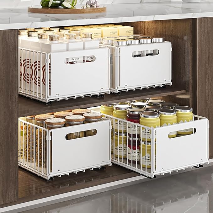 Pull Out Cabinet Organizer Slide Out Drawer Storage Shelves Cupboard Organiser Sliding Cabinet Basket for Kitchen No Drilling and Nailing (White, 4Piece 9.8"W X15"D X 7.5"H)