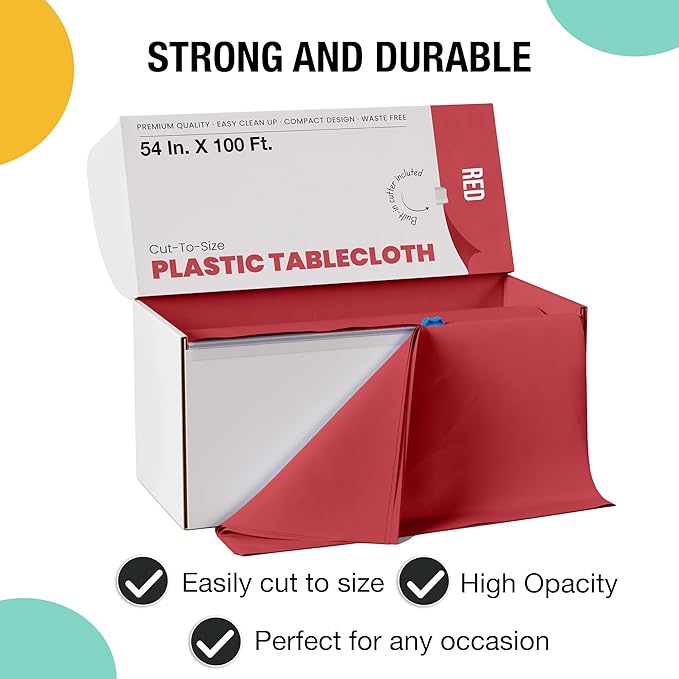 Party Solids 54 Inch X 100 Feet Red Plastic Table Cover Roll in A Cut - to - Size Box with Convenient Slide Cutter. Cuts Up to 12 Rectangle 8 Feet Plastic Disposable Tablecloths