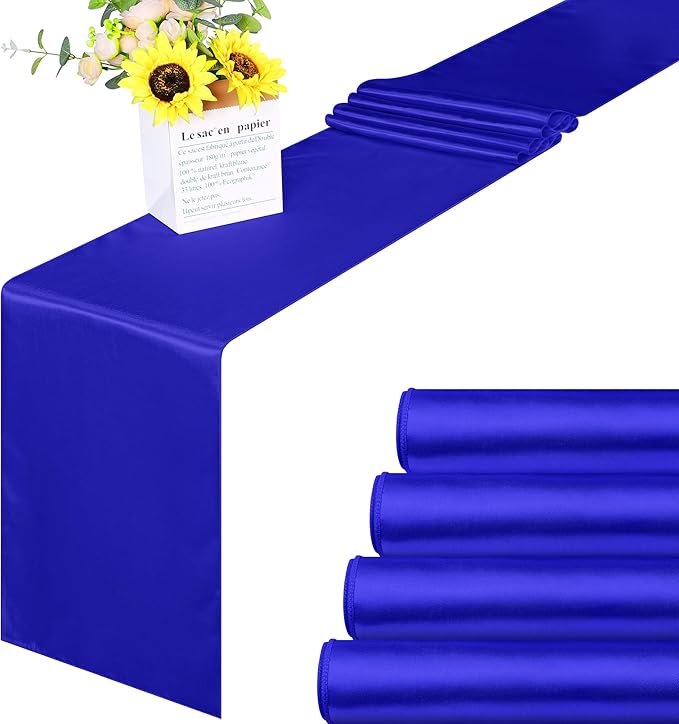 Aneco 4 Pack Satin Table Runner 12 x 108 Inch Long Bright Silk and Smooth Fabric Party Table Runner for Wedding Banquet Party Decoration- Royal Blue