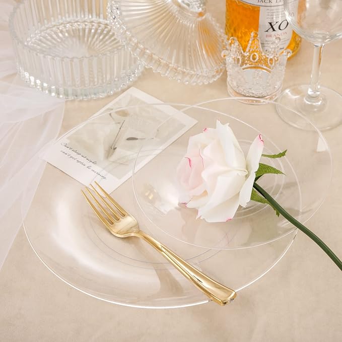 Hioasis 100pcs Clear Plastic Plates for Party - 10.25" Dinner Plates Disposable, Heavy -duty, Classy and Elegant for Wedding