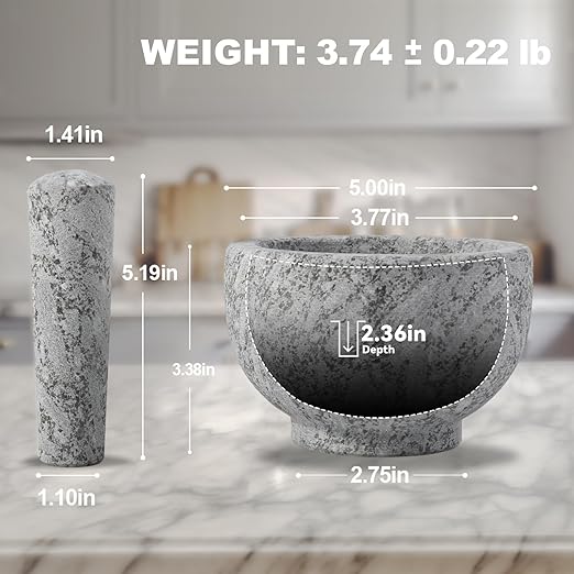 Koville 5 Inch 1.5 Cup-Capacity Mortar and Pestle Set - Heavy Natural Granite Spice Grinder Bowl, Unpolished Heavy Granite for Organic Appearance, Solid Stone Grinder Marble Spice Herb Grinder