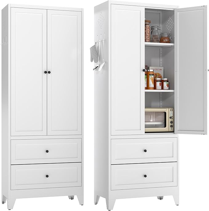 Metal Pantry Cabinet, 72 inch Tall Kitchen Pantry Cabinet, Pantry Storage Cabinet with 2 Adjustable Shelves, 2 Drawers, Utility Cupboard for Kitchen Dining Room Living Room Bathroom, White