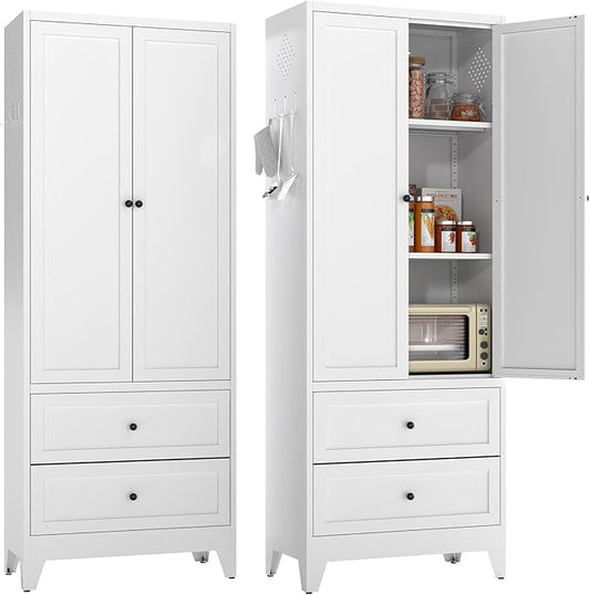 Metal Pantry Cabinet, 72 inch Tall Kitchen Pantry Cabinet, Pantry Storage Cabinet with 2 Adjustable Shelves, 2 Drawers, Utility Cupboard for Kitchen Dining Room Living Room Bathroom, White