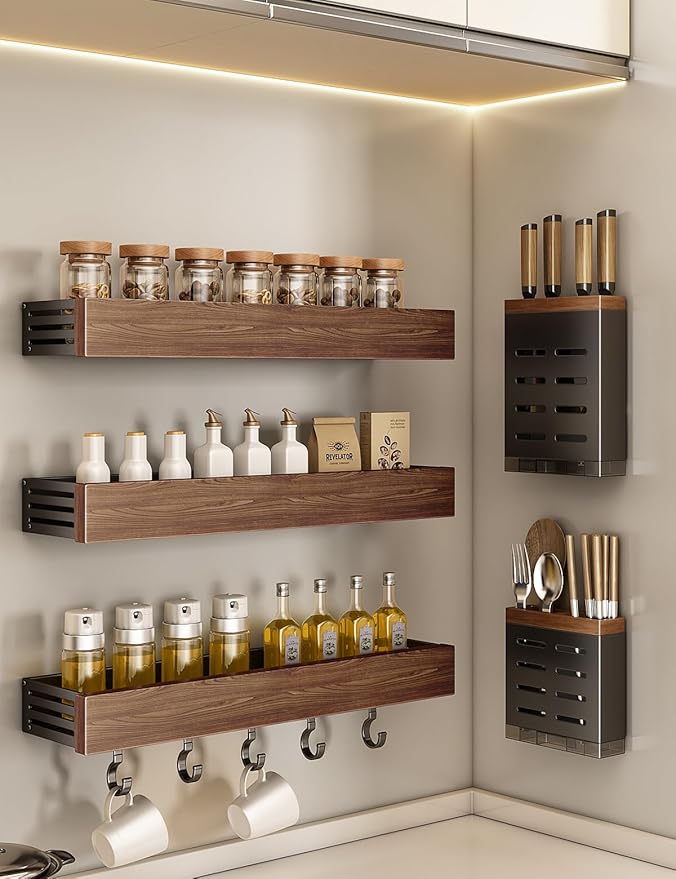 spice rack wood kitchen spice rack wall mounted adjustable adhesive or screw, hung on the door and wall, black large rack for storing items in refrigerators and ovens