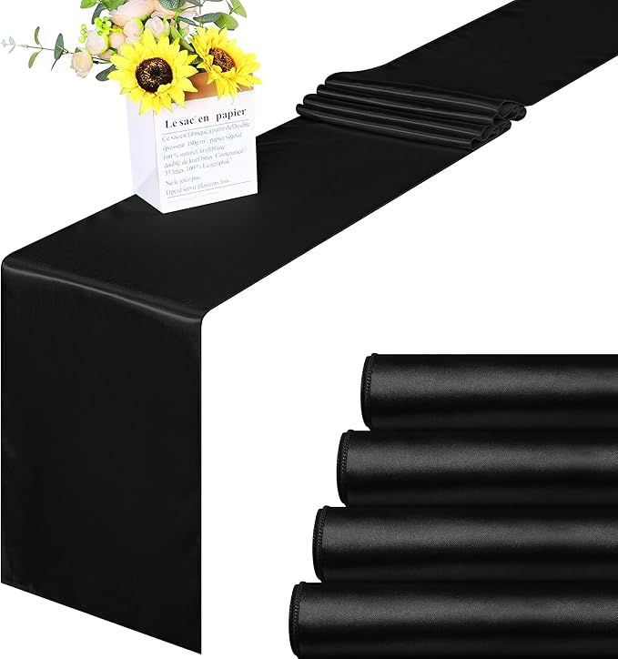 Aneco 4 Pack Satin Table Runner 12 x 108Inch Long Bright Silk and Smooth Fabric Party Table Runner for Wedding Banquet Party Decoration-Black