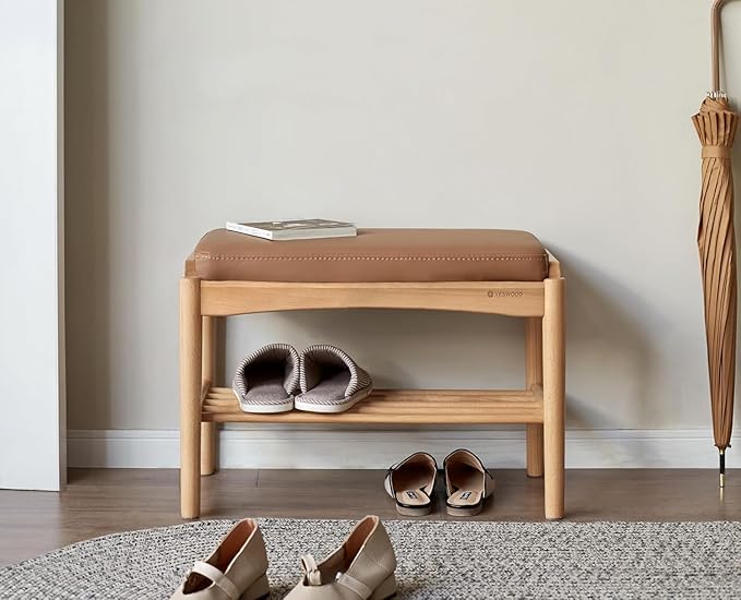 Vadisun Solid Wood Shoe Bench Assembled, Shoe Rack Bench with Silicone Leather Cushion for Entryway, Living Room, Bedroom, Hallway, 11.8" x 31.5" x 16.5", Natural & Brown