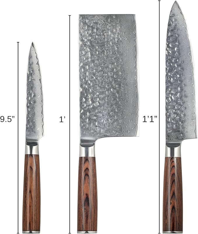 3 Piece Damascus Kitchen Knife Set - including Chef's Knife, Cleaver and Paring Knife
