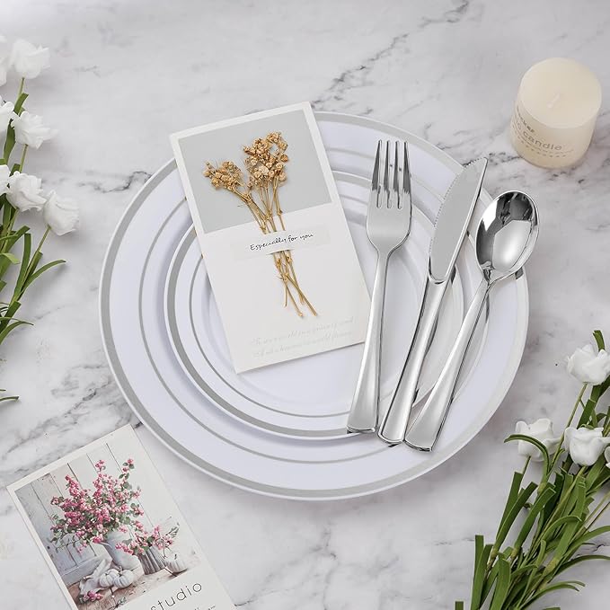 BESTVIP 900PCS Silver Dinnerware Set for 150 Guests, Plastic Plates for Party, 150 Silver Disposable Plates, 150 Dessert Plates, 150 Cups, 150 Spoons, 150 Forks and 150 Knives