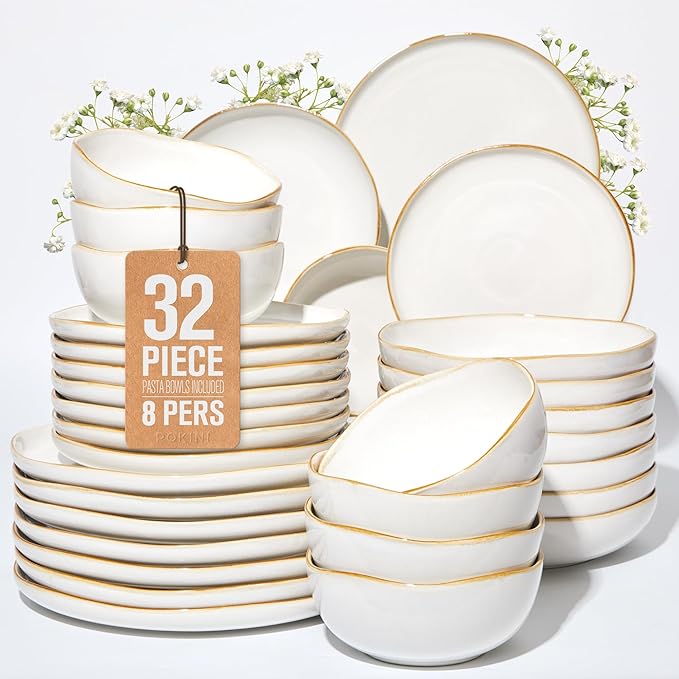 32 Piece White Dinnerware Set with Pasta Bowls, Reactive Glaze Stoneware for 8 | Perfect for Multi?멌ourse Dinners, Hosting Large Groups, Holiday Serving Needs