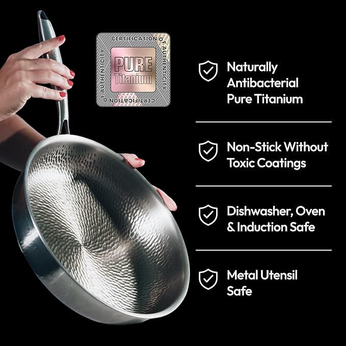 Plateful Titanium Pan For Cooking 12" - Pure, No Coating Non-Stick Titanium Cookware, Frying Pans, Hammered Pan, Safe For Oven, Induction & Cooktops Up To 750째F, Includes Lid