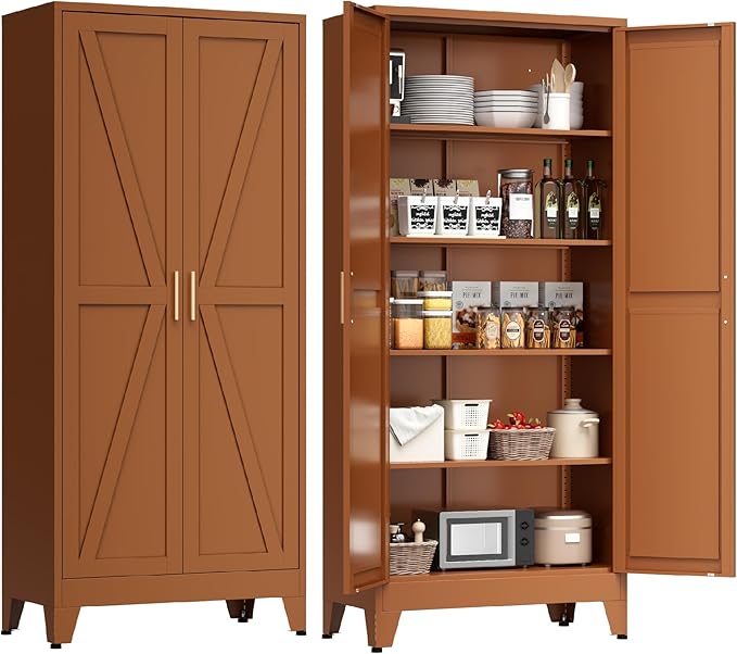 71" Tall Metal Storage Cabinet with 2 Doors and 4 Adjustable Shelves, 5-Tier Kitchen Pantry Storage Cabinet for Kitchen, Living Room, Dining Room and Office, Brown