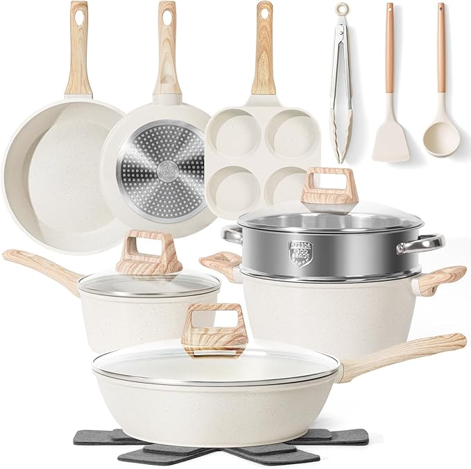 17 Pcs Pots and Pans Set Non stick竊똂ookware Sets White Granite Induction Cookware, Non-toxic Healthy Non Stick Kitchen Cooking Set with Frying Pans Set, Saucepans (PFAS, PFOA, PFOS Free) White