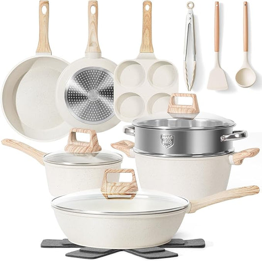 17 Pcs Pots and Pans Set Non stick竊똂ookware Sets White Granite Induction Cookware, Non-toxic Healthy Non Stick Kitchen Cooking Set with Frying Pans Set, Saucepans (PFAS, PFOA, PFOS Free) White