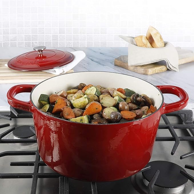 Crock-Pot Artisan 7-Quart Round Enameled Cast Iron Dutch Oven ??Scarlet Red, Heavy-Duty Cookware for Slow Cooking, Baking, Roasting with Lid