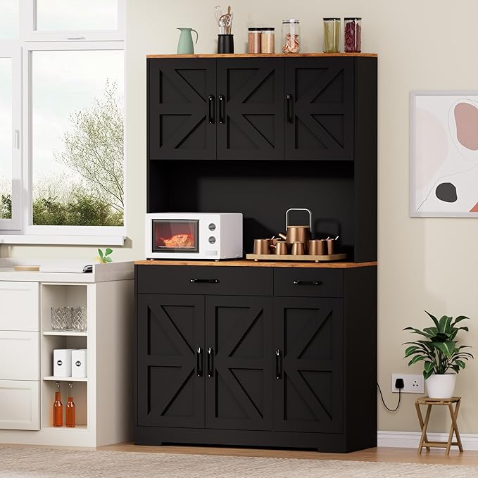 71" Pantry Cabinet with Charging Station, Kitchen Storage Cabinet with Microwave Stand, 8-Zone Organization, 2 Smooth-Glide Drawers, Open Countertop for Dining, Kitchen, Living Room (Black)