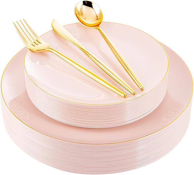 I00000 150 PCS Pink Plastic Plates for Party,Heavy Duty Pink Disposable Plates,Gold Dinnerware Set Include 30 Dinner Plates,30 Dessert Plates,30 Gold Plastic Silverware Set for Valentine's Day