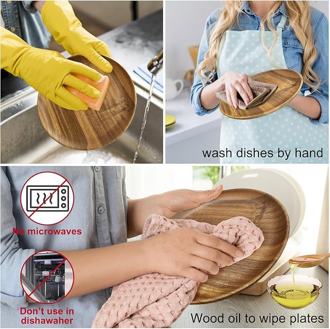 Acacia Wooden Plates Set of 3, 6/8/10 Inch Round Serving Platters for Charcuterie, Appetizers, Acacia Wood Plates, Stackable Dinnerware Trays for Kitchen, Party & Entertaining (Round Tray)