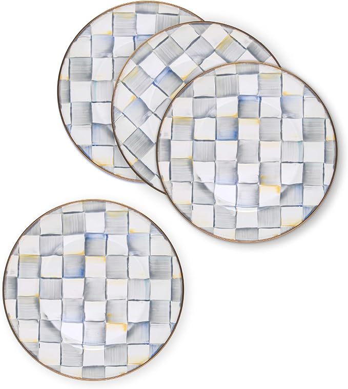MACKENZIE-CHILDS Enamel Dinner Plate, Decorative Dinnerware Plate, 10 Inches, Set of 4, Gray-and-White Sterling Check