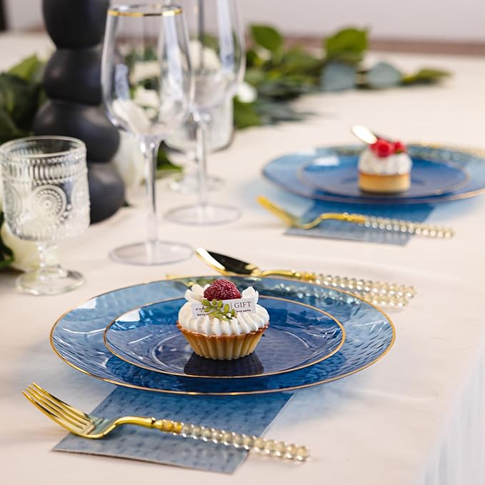 Lullaby 60Pcs Blue Gold Plastic Plates, Blue Disposable Plates With Gold Rim, Plastic Plates Include 30 Dessert Plate 10'', 30 Dinner Plate 7.5'' for Party, Birthdays and Wedding ﻿