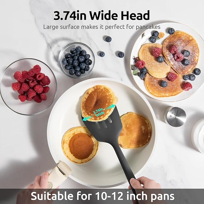 600쨘F Heat Resistant Slotted Turner: U-Taste 13.6in Silicone Kitchen Spatula Flipper, 3.74in Wide Food Grade Flexible Thin Rubber Cooking Utensil for Egg, Pancake, Cookie in Nonstick Cookware (Black)