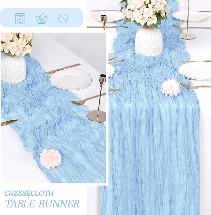 RealBox 6 Pack Baby Blue Cheesecloth Table Runner 17x108 Inch Semi Sheer Boho Gauze Cheese Cloth Fabric Table Runners Table Decor for Wedding Party Baby Shower Birthday Home Decor Garden Farmhouse