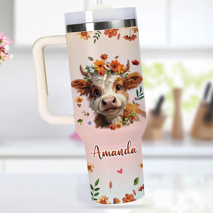 AGGLOMEKC Personalized Cute Cow Cup - Mother's Day Birthday Gift For Animal Lovers - Just A Girl Who Loves Cow Tumbler 40oz With Custom Name - Pet Lover Gifts For Women, Her