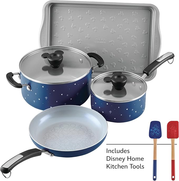 Farberware Disney Bon Voyage Ceramic Nonstick Pots and Pans Set with Baking Sheet/Cookie Pan and Disney Home Kitchen Tools, 8 Piece Non Stick Cookware Set - Blue